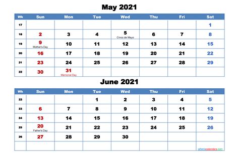 Printable Calendar For May And June 2021